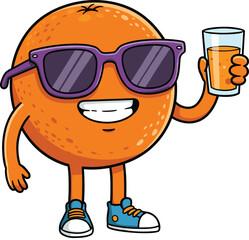 Cool Orange Fruit Character with Sunglasses Holding a Refreshing Glass of Juice, Happy Citrus Mascot Enjoying a Healthy Drink.