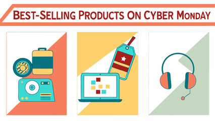Illustration of best selling products on cyber monday including car parts laptop and headphones in frames