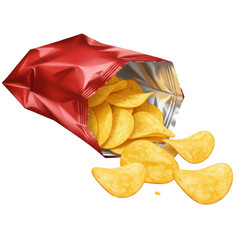 Bag of crispy potato chips spilling out isolated on transparent background