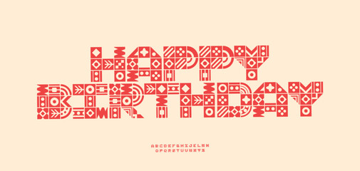 Tribal ethnic decorative font, folk pattern blocks letters. African, Aztec, Scandinavian, boho styles alphabet for ethnic packaging, invitation, birthday card, decorative typeset. Vector illustration.