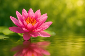 Obraz premium Detailed view of a pink blossom and water lily mirrored in calm water