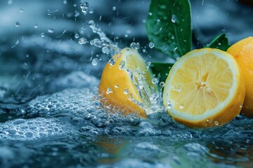 Sliced lemons making a splash as they fall into cool, clear water, surrounded by vibrant green leaves, creating a refreshing scene