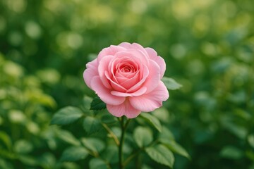 Spring garden scene featuring a pink rose amidst lush foliage with a soft blurred background