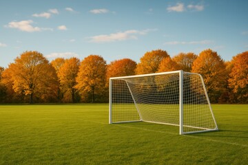 Autumn Scene Featuring a Soccer Goal on an Empty Field