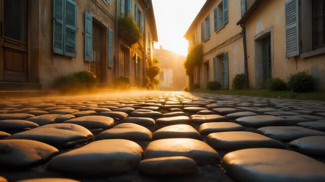 Low-angle sun-drenched cobblestones on misty European street at sunrise