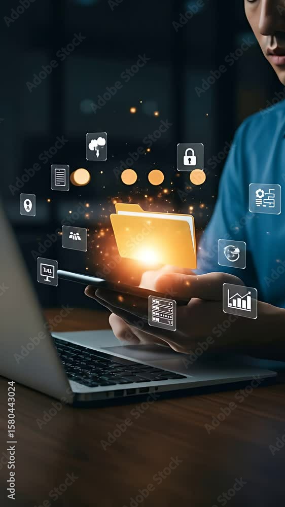 Poster data management with young adult connecting via laptop and smartphone displaying secure folders and 