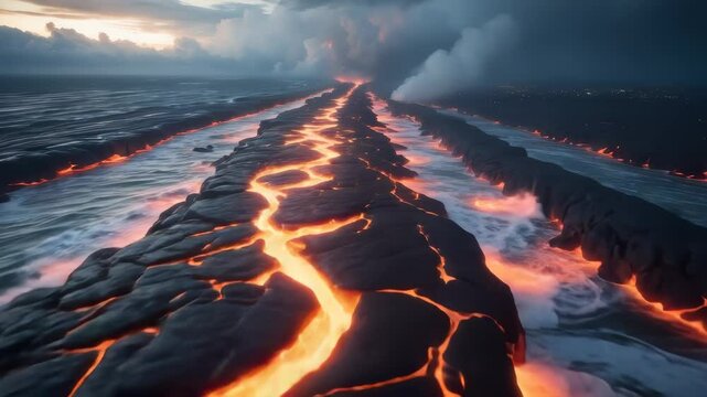 Aerial swoop down glowing molten lava river colliding with ocean waves