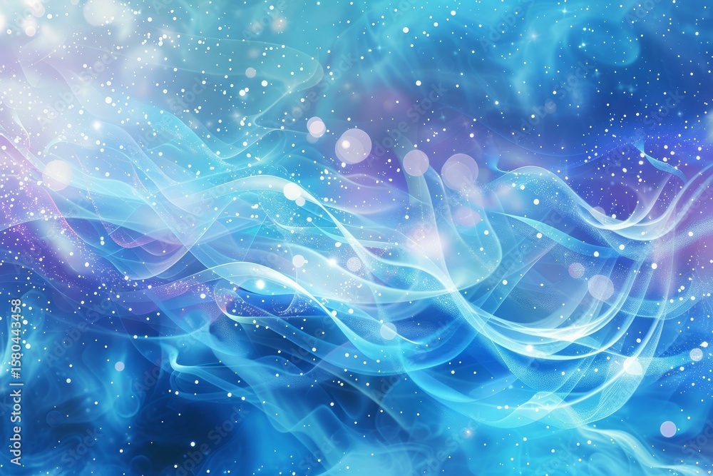 Poster abstract blue energy waves flowing through space with sparkling particles and bokeh lights, creating