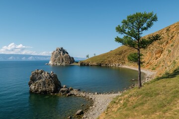 Naklejka premium Jagged shoreline of a freshwater lake on an island in Siberia