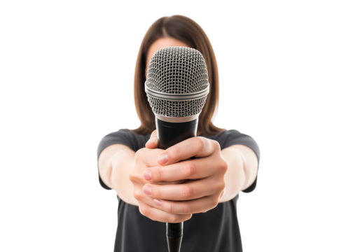 A young woman with long brown hair holds a microphone in front of her. She wears a black shirt. The background is transparent.