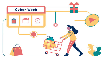 Illustration of a woman pushing a shopping cart during cyber week with gift and video elements online shopping