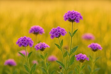 Fototapeta premium Violet flowers blooming across a shimmering gold landscape