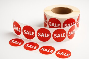 Red paper roll with stickers available for purchase during promotional event at printing house for booklet printing and store discounts.