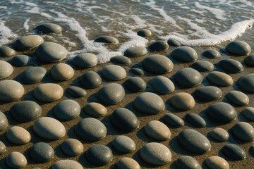 Obraz premium Pebbles with gentle curves lie across a shoreline as surf rushes over them