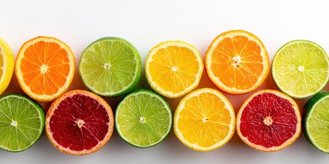 Fototapeta premium Colorful citrus fruit slices isolated on white background border, top view. Grapefruit, orange, lemon and lime