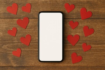 Mobile device displaying a blank screen with love symbols on a wooden surface