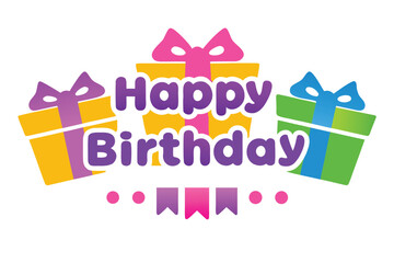 Happy, Birthday,  typography, gift, vector, celebrate, greeting, festive, confetti,surprise, party, present, ribbon,3d render, colorful, gift boxes, text overlay, birthday, party, celebration, happy, 