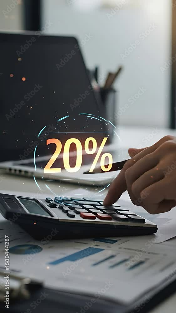 Poster financial 20 percent calculation: person calculating discount rate using calculator at desk with cha