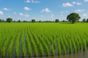 View of a lush rice paddock with sprouting rice crops