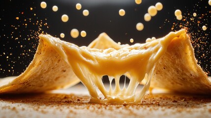 Cheese quesadillas dramatic macro photography showcasing perfect melted cheese pull with golden tortilla triangles and artistic spice particles