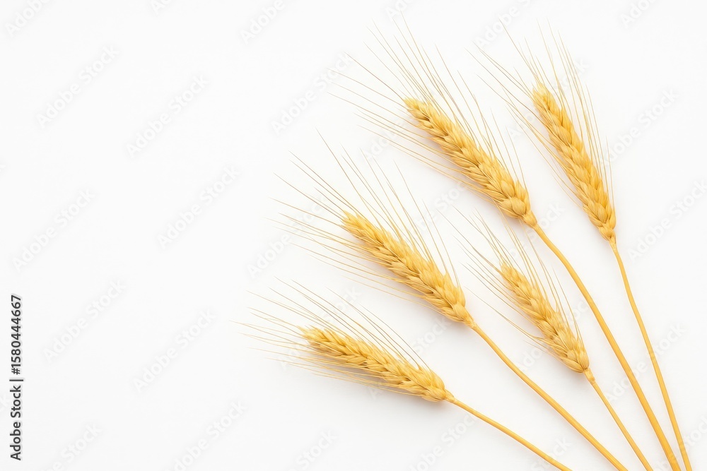 Poster mature dried cereal spikelets arranged on a plain white backdrop with ample space for text