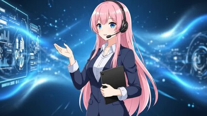 Anime Technical Support Representative Explaining Digital Systems, Pink-Haired Character with Headset Illustrating Technology - Powered by Adobe