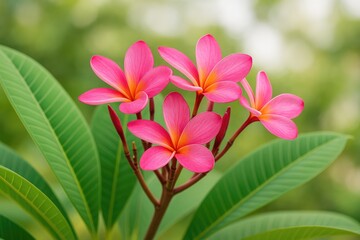 Fototapeta premium Delicate pink plumeria blossoms against a natural setting