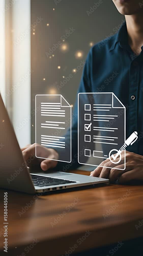 Poster online documentation review: man in his 30s completes digital checklist on laptop, ensuring data val