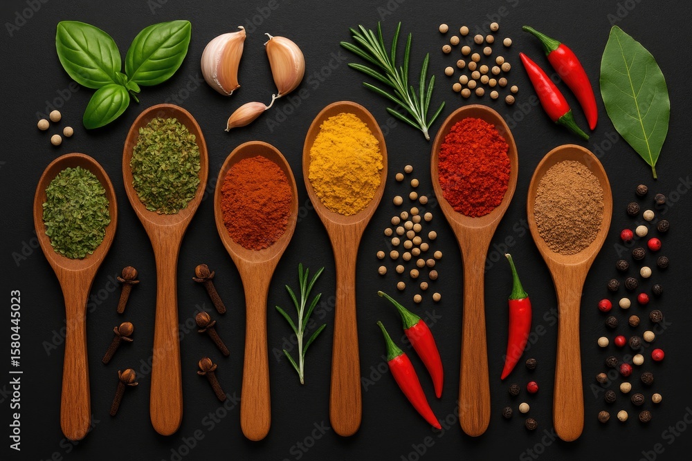 Poster assorted spices and herbs arranged on a dark backdrop from a top-down perspective