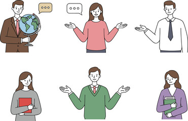 Flat cartoon business characters, professional illustration, global education concept, team diversity, holding books, speaking people, workplace communication vector