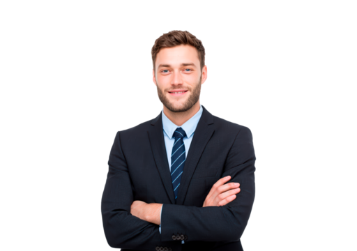 Confident business professional in formal attire with crossed arms on transparent background, PNG