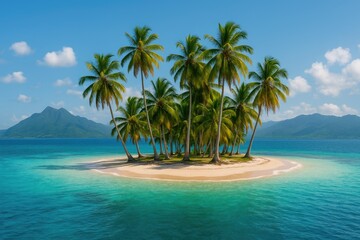 Fototapeta premium Lush island paradise with towering mountains and abundant palm trees