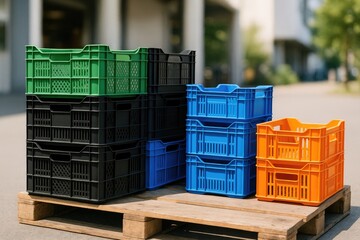 Transport pallet loaded with plastic crates and boxes