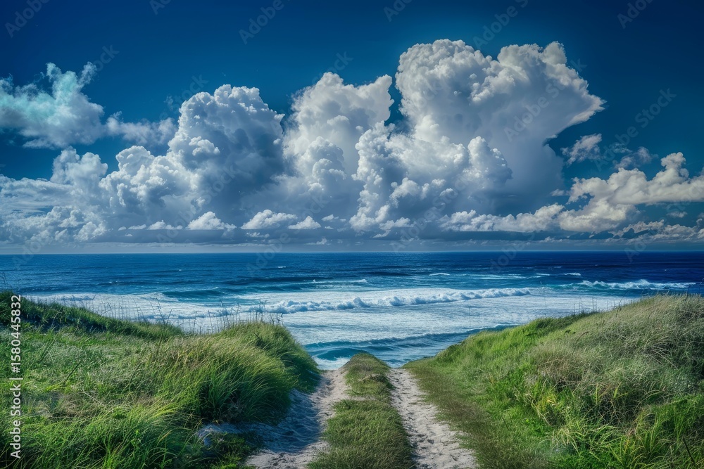 Poster grassy path leading to a beautiful ocean view with waves and a dramatic cloudscape in the background