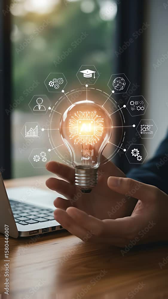 Poster ai innovation idea: man creates digital strategy with bright, electrical lightbulb of artificial int
