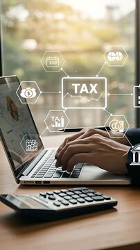 Calculating Tax Returns: Accountant Analyzing Financial Data on Laptop with Digital Tax Icons.