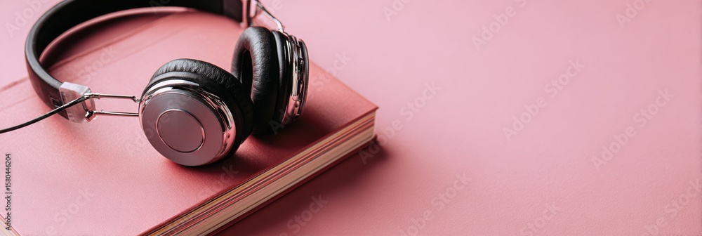 Poster headphones resting on a notebook symbolize the essence of listening and creativity in a calm, minima