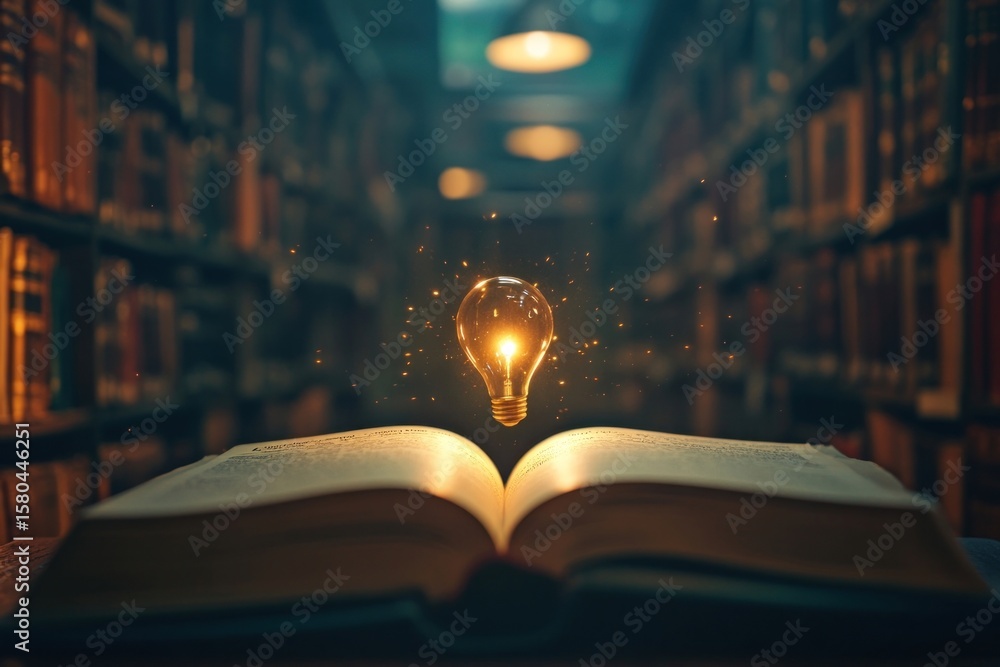 Poster light bulp library book open.