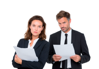 Business professionals analyzing documents for office presentation or meeting on transparent background, PNG