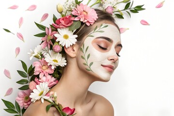 A woman's face with a floral wreath highlights her natural beauty and spring fashion, complemented by delicate makeup and a vibrant hairstyle