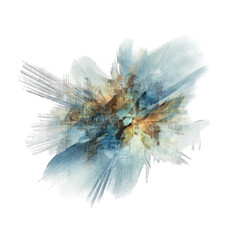 Abstract explosion of light blue and muted earth tones.  A textured, painterly splatter effect forms a radiating, flower-like shape