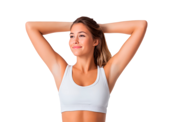 Relaxed young woman smiling in sportswear on isolated background