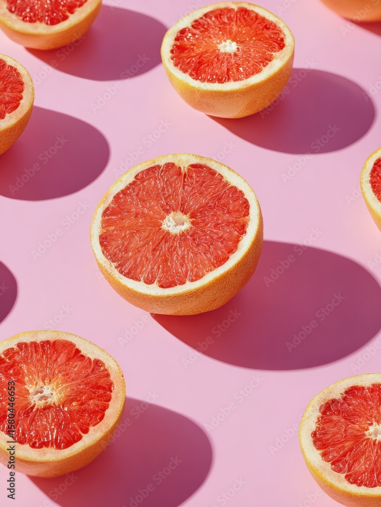 Poster grapefruit halves arranged on a geometric background with soft shadows and a clear upper zone enhanc