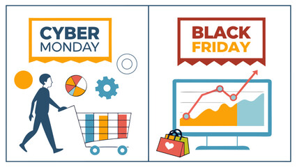 Illustration depicting cyber monday and singles day with shopping, graphs, calendar and a computer screen