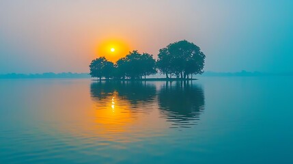 Sunrise on calm water with trees
