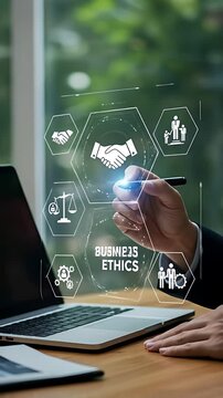 Business ethics strategy: Man in suit navigates integrity icons using digital interface for sustainable business management
