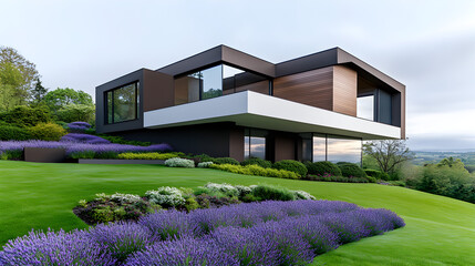 Modern house with beautiful garden full of blooming lavender