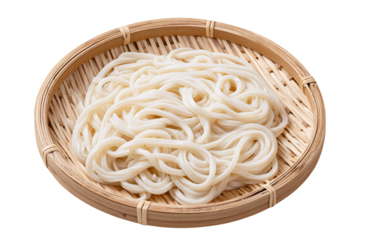 Udon Noodles in Bamboo Basket, isolated on white transparent background