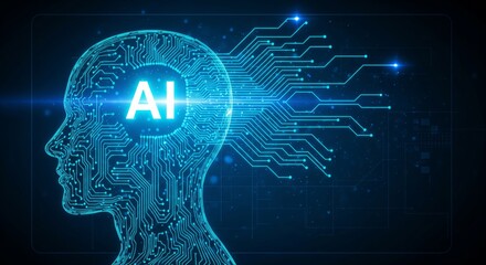 AI Human Head With Glowing Circuit Board And Data Connections