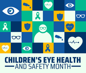 Children’s Eye Health and Safety Month Geometric shape pattern background, banner or poster design template. observed every year in August. Holiday concept. Use to any Template, card, poster, placard